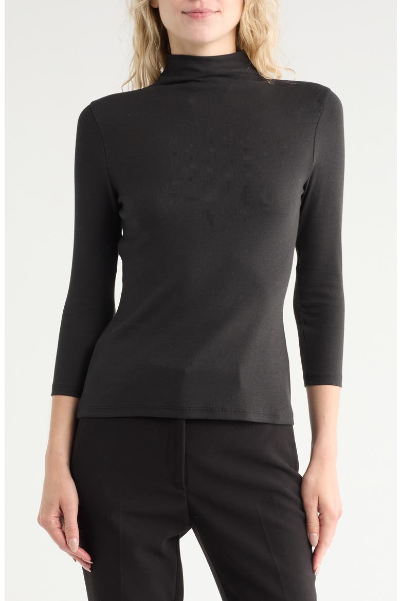 Three-Quarter Sleeve Stretch Pima Cotton Mock Neck T-Shirt, Main, color, BLACK