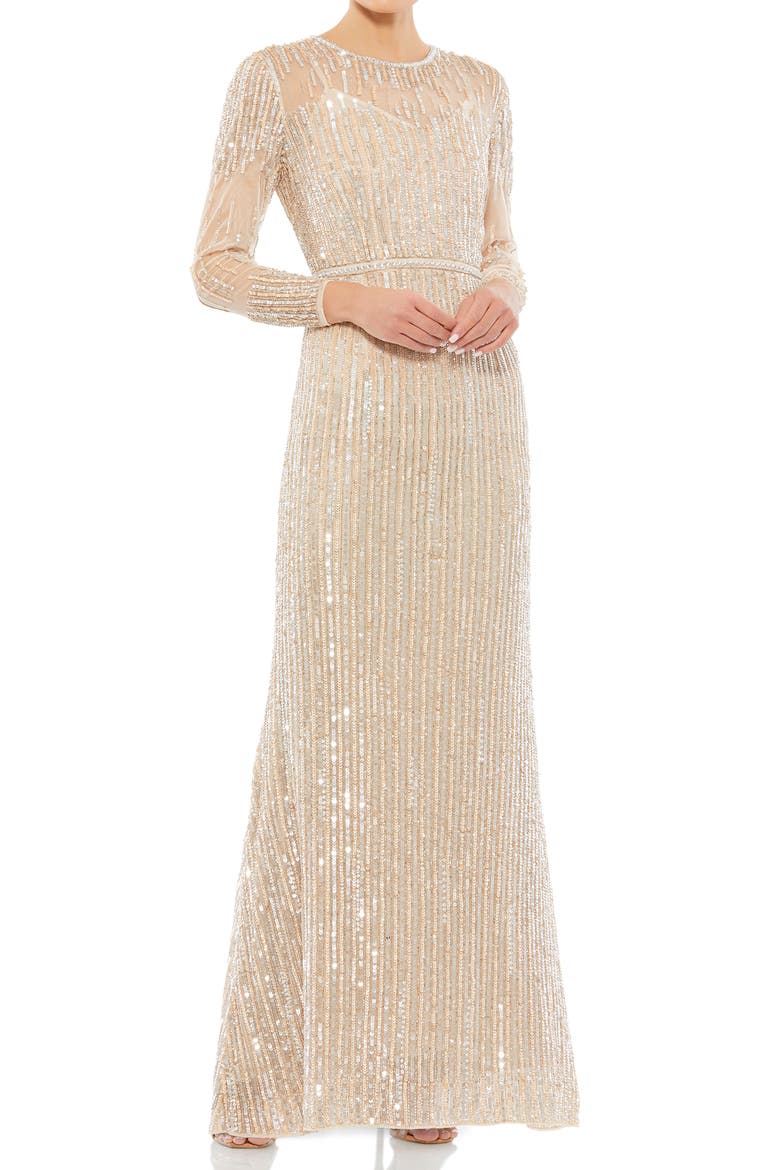 Sequin Stripe Long Sleeve Tulle Gown, Main, color, ROSE GOLD