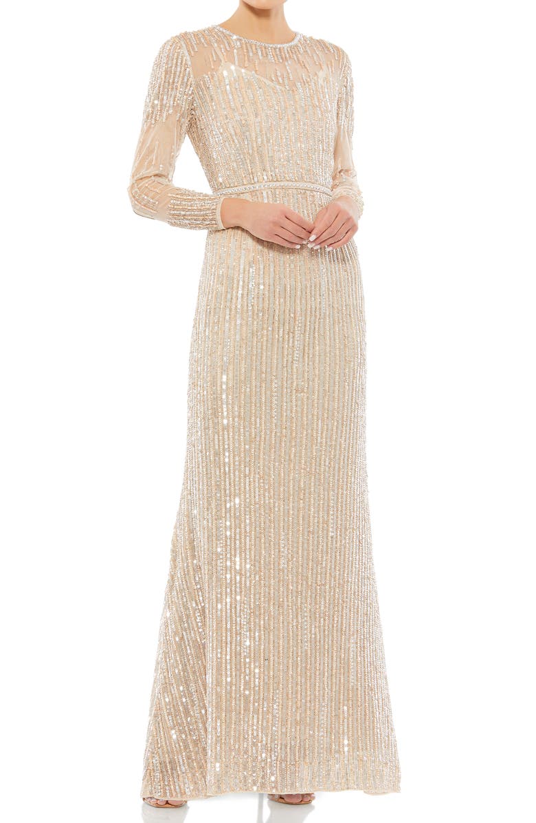 Mac Duggal Sequin Stripe Long Sleeve Tulle Gown, Main, color,