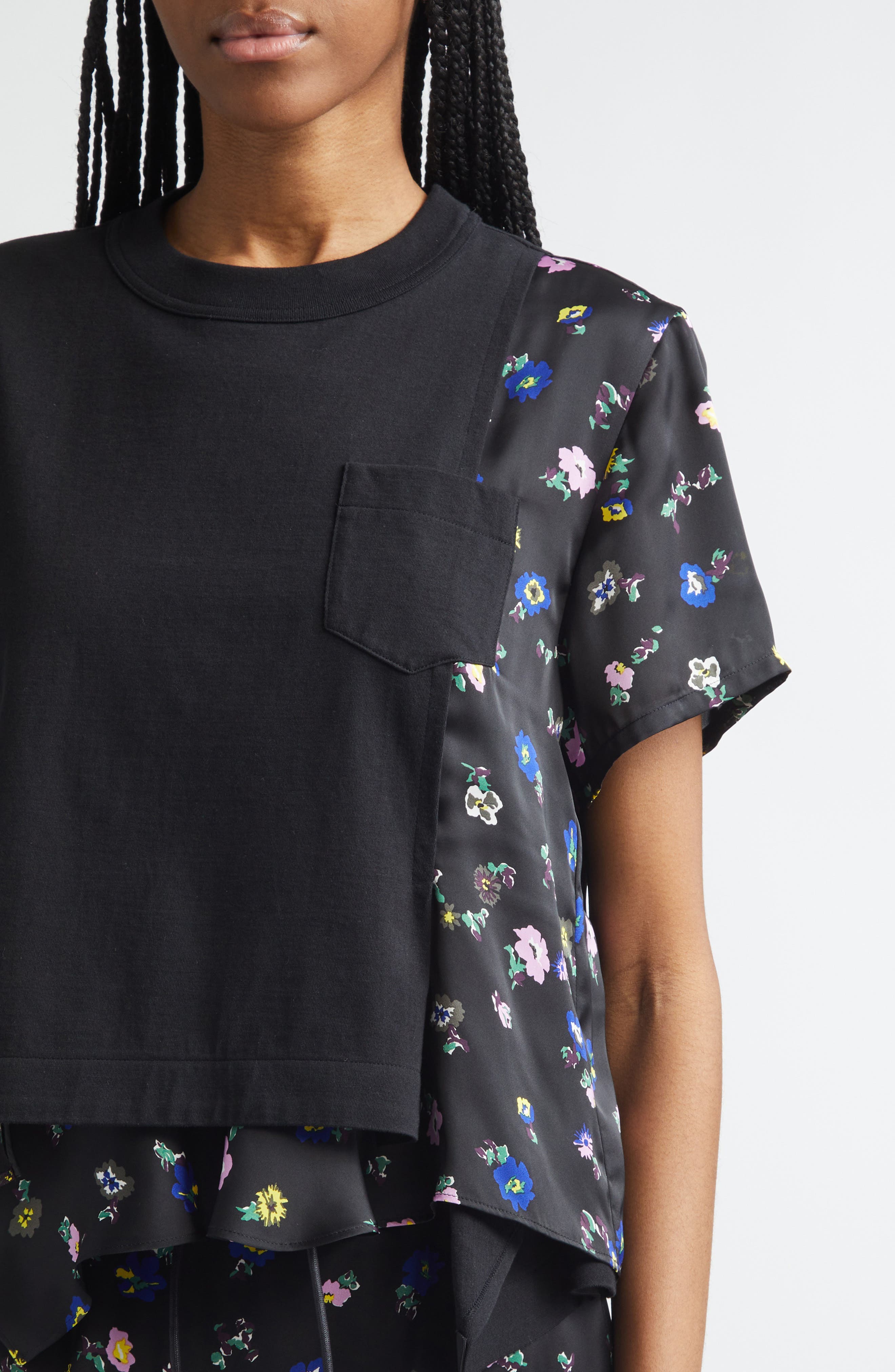 Sacai Mixed Media Cotton Jersey & Floral Satin Pocket T-Shirt