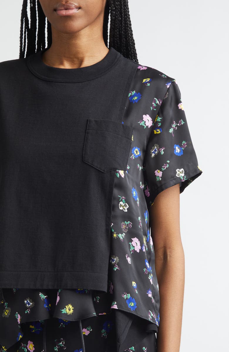 Sacai Mixed Media Cotton Jersey & Floral Satin Pocket T-Shirt, Alternate, color, Black/ Black