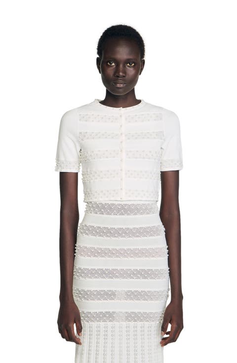 Fine knit cropped beaded cardigan