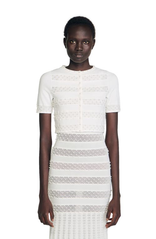 Sandro Womens Ecru Beaded Cropped Knitted Cardigan In White