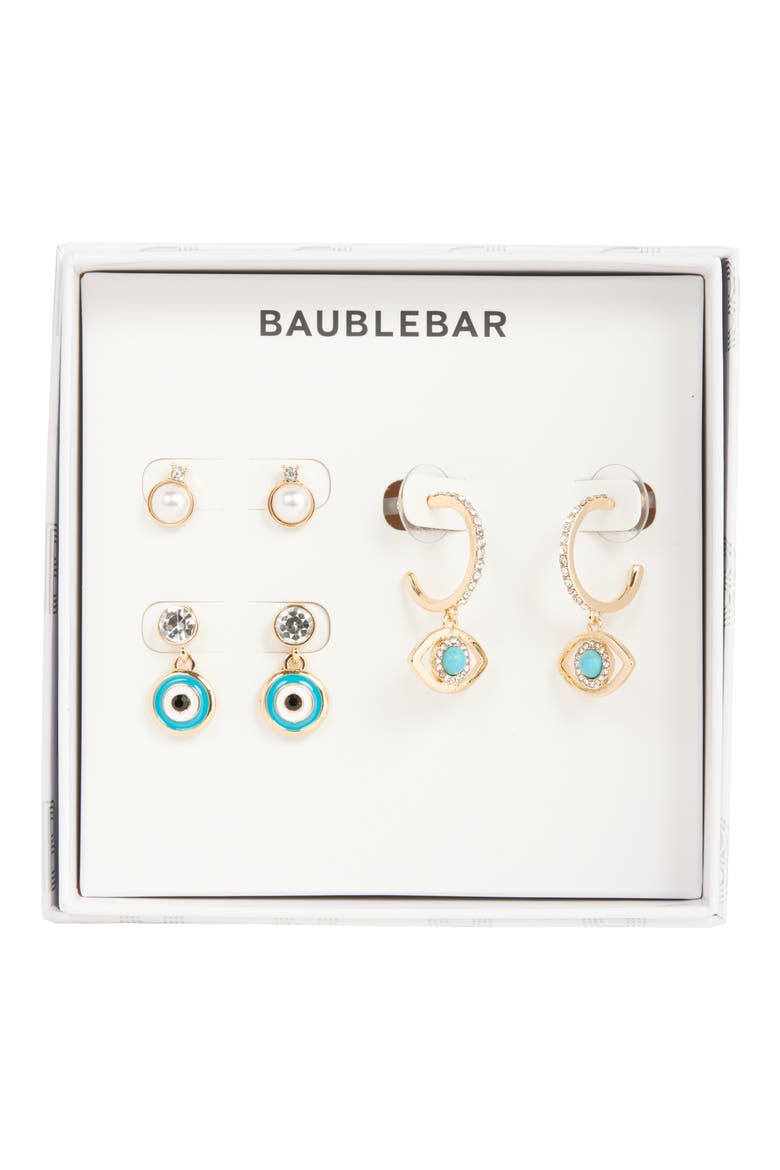 Protected Energy Set of 3 Stud & Evil Eye Drop Earrings, Main, color, TURQUOISE