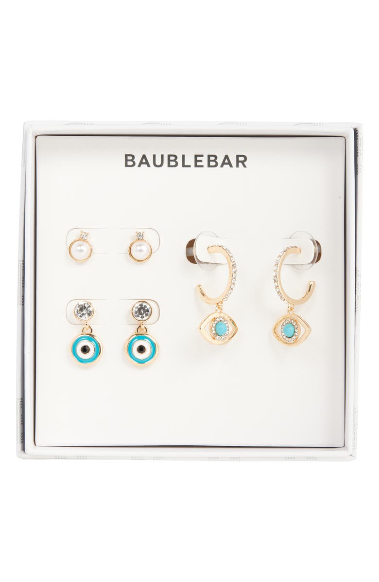 BaubleBar Protected Energy Set of 3 Stud & Evil Eye Drop Earrings, Main, color, Turquoise