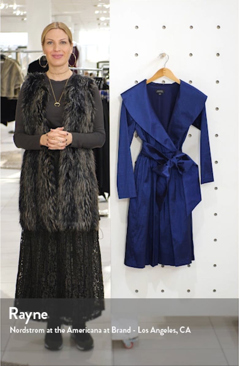 Long Sleeve Stretch Taffeta Wrap Dress, sales video thumbnail
