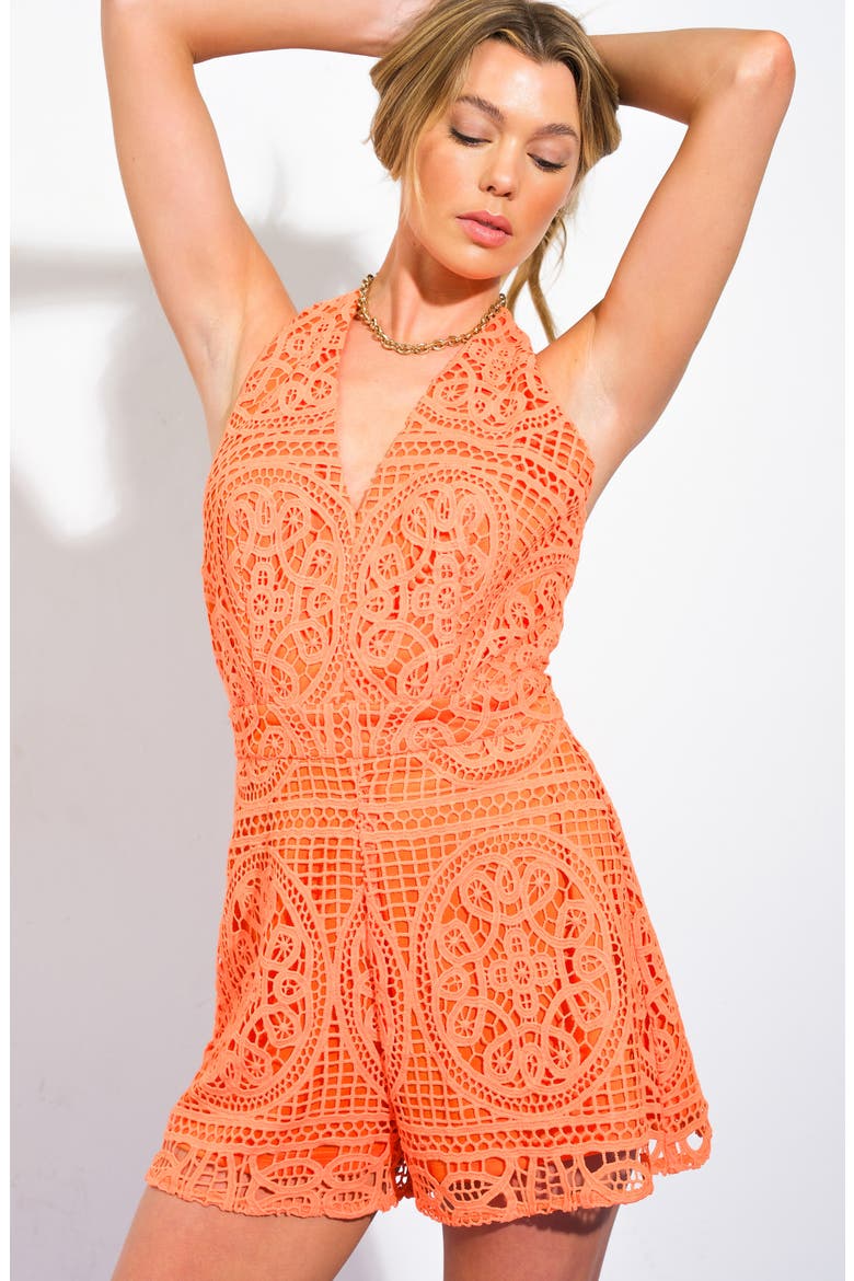 Lace Overlay Halter Romper, Alternate, color, ORANGE