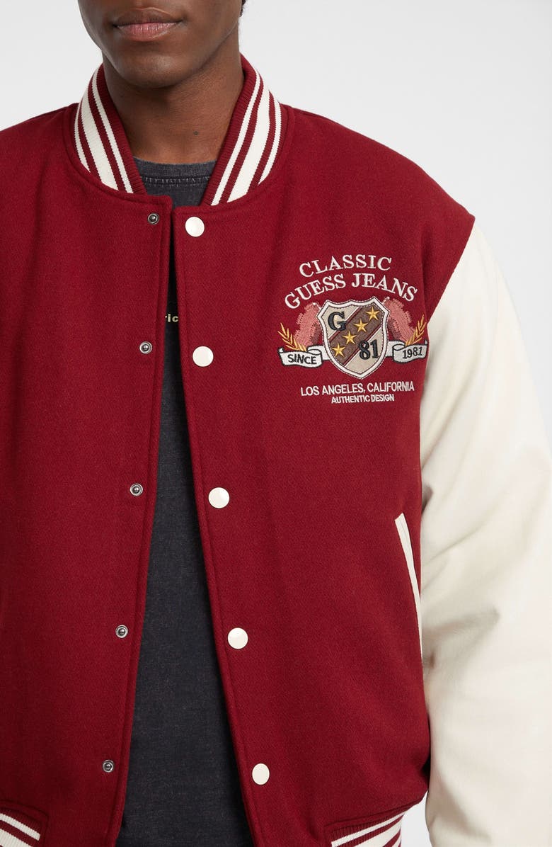 GUESS JEANS Letterman Varsity Bomber Jacket, Alternate, color, Red
