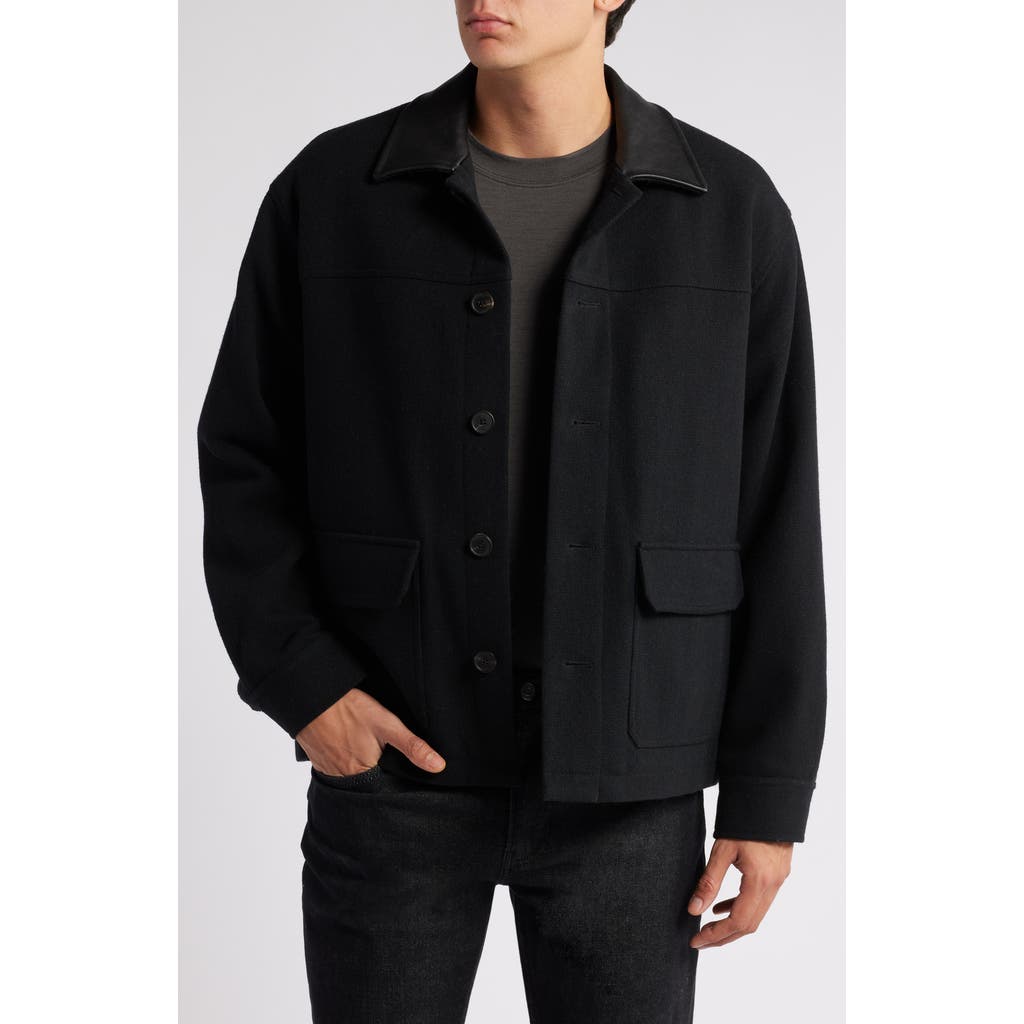 Frame Denim Leather-trim Wool-blend Workwear Jacket In Black
