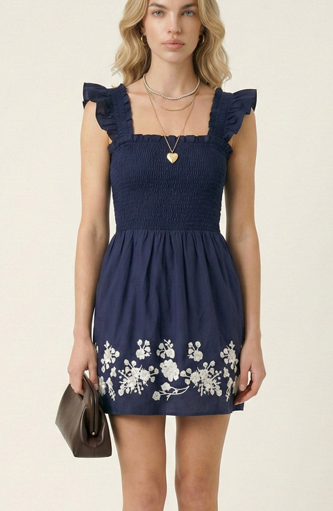 Smocked Ruffle Strap Mini Dress with Floral Embroidery Hem