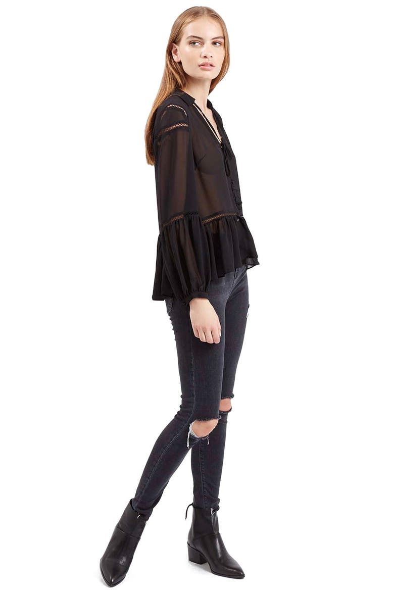 Sheer Poet Sleeve Blouse, Alternate, color, BLACK