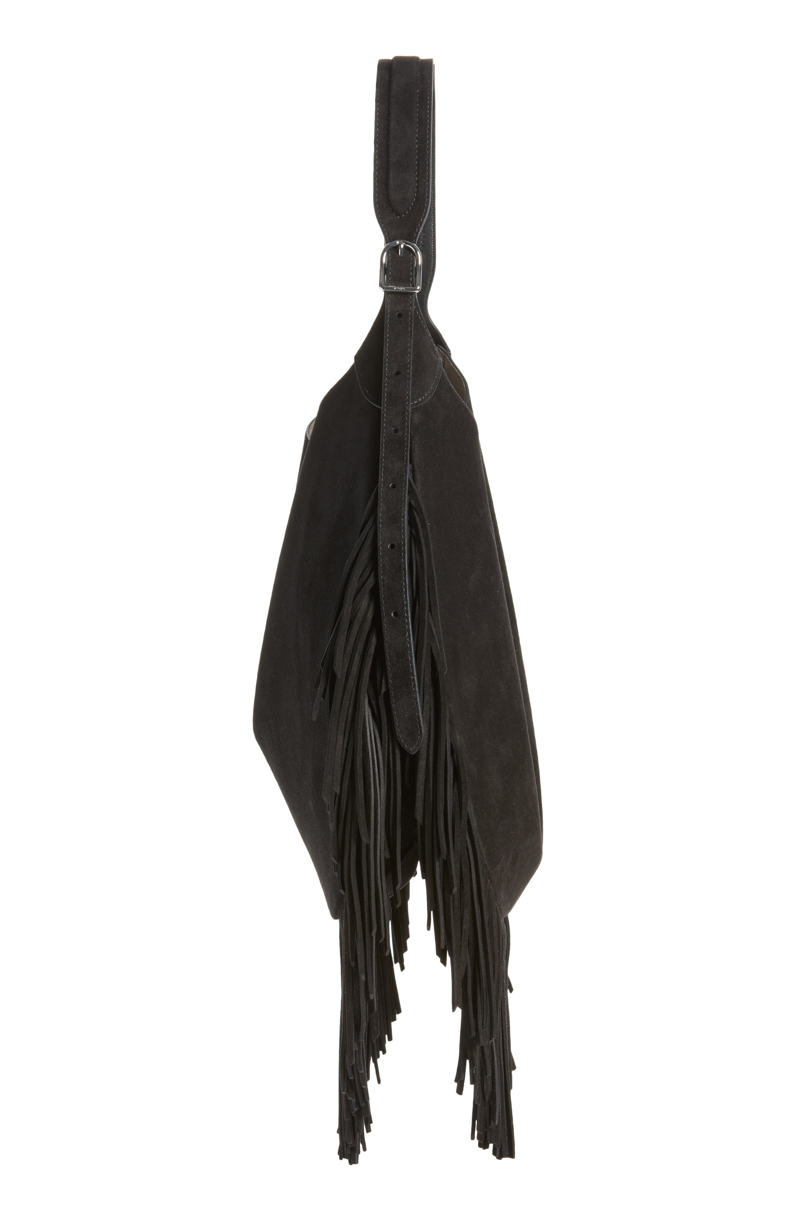 Polo ID Fringe Suede Shoulder Bag, Alternate, color, BLACK