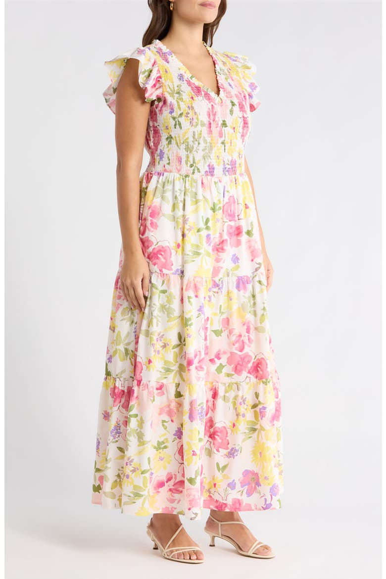 Leonie Floral Sunfire Tiered Midi Dress, Alternate, color, BLUSH-YELLOW