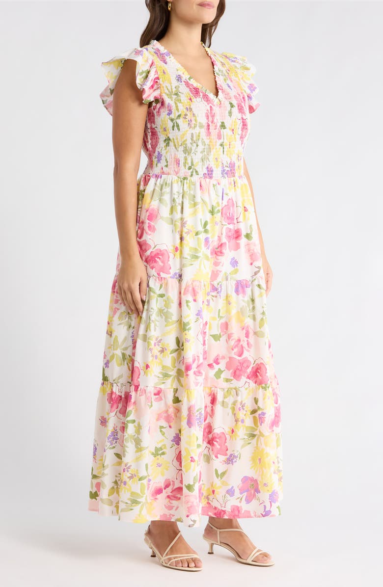SUGARLIPS Leonie Floral Sunfire Tiered Midi Dress, Alternate, color, Blush-Yellow