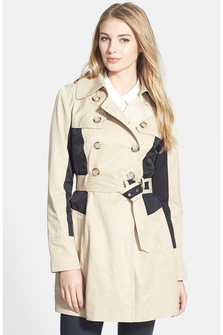 Colorblock Double Breasted Trench Coat, Main, color, KHAKI/ BLACK