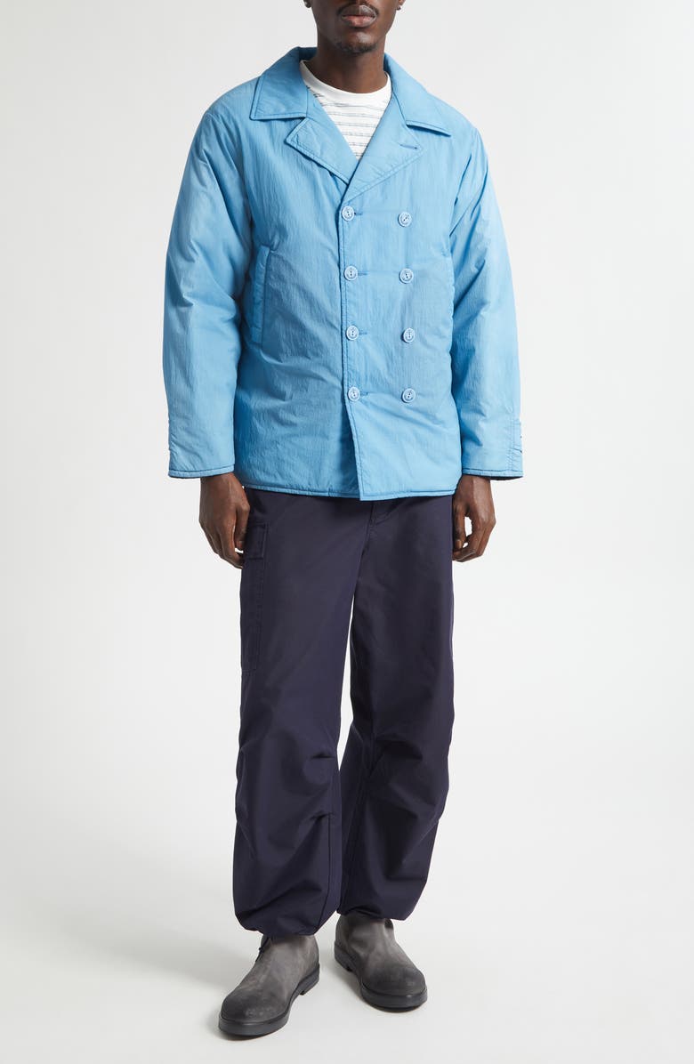 BEAMS P-Coat Pigment Dyed Nylon Double Breasted Jacket, Alternate, color, Sax