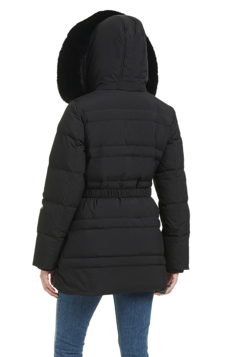 Kate Spade New York belted short down puffer jacket with removable faux fur trim, Alternate, color, 