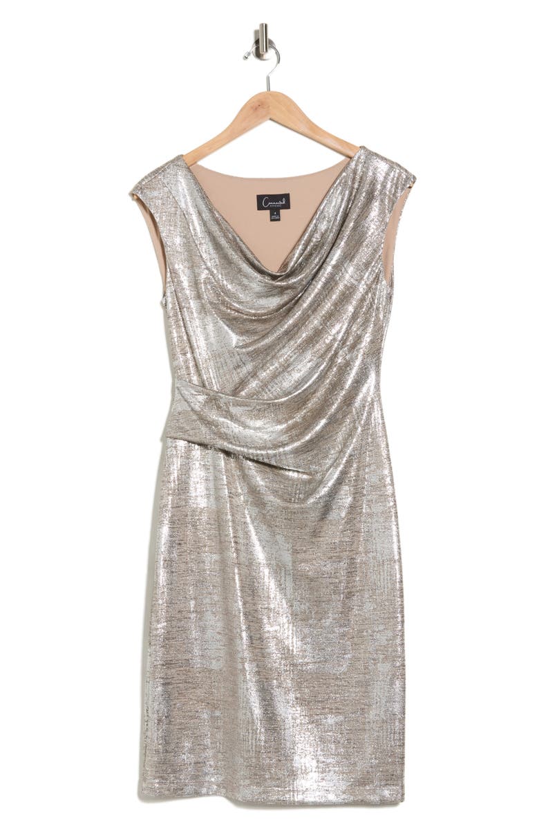Connected Apparel Drape Neck Side Pleat Sheath Dress, Alternate, color, Taupe/ Silver