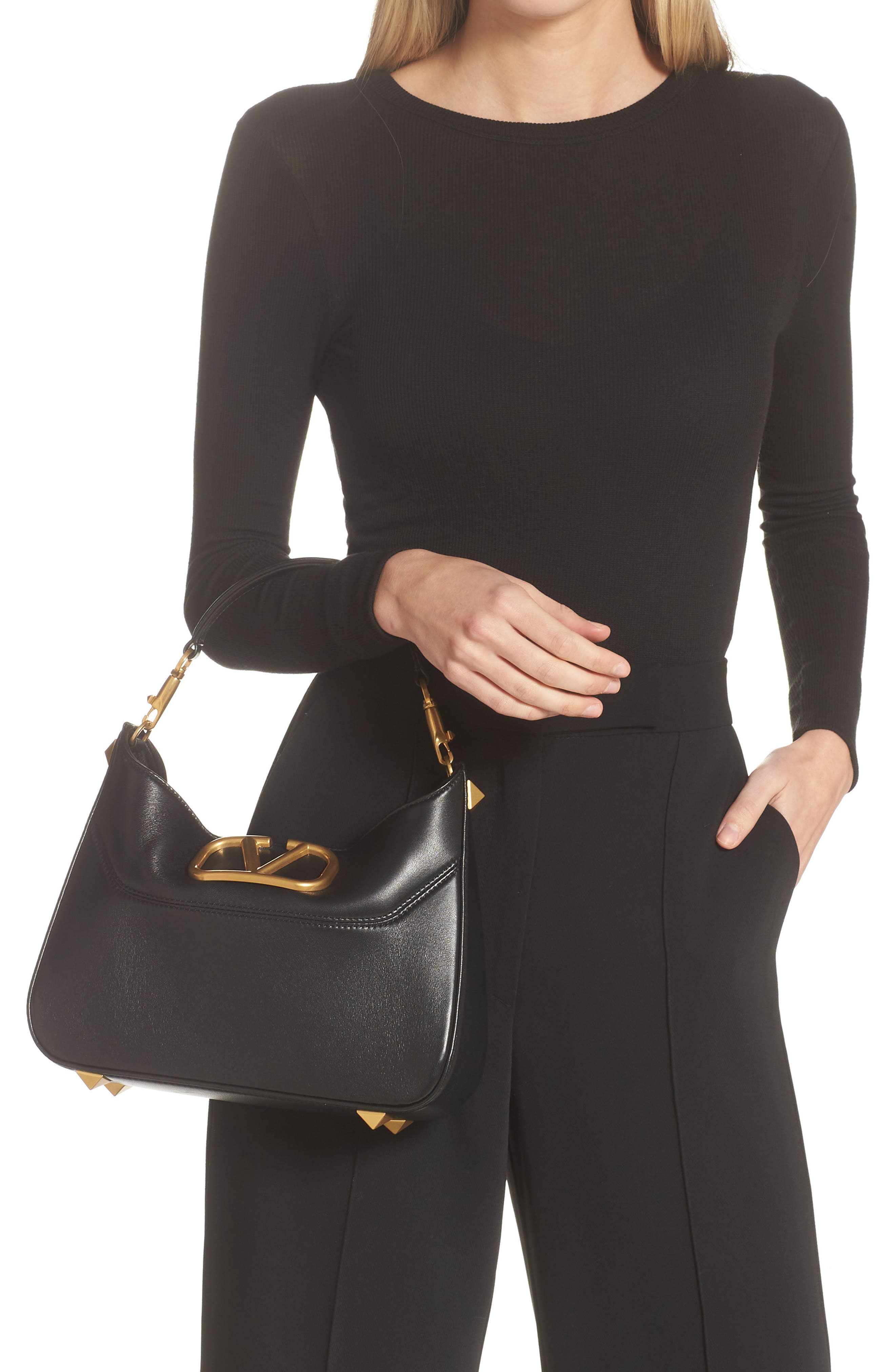 Valentino Garavani Small Stud Sign VLOGO Leather Hobo Bag, Alternate, color, 