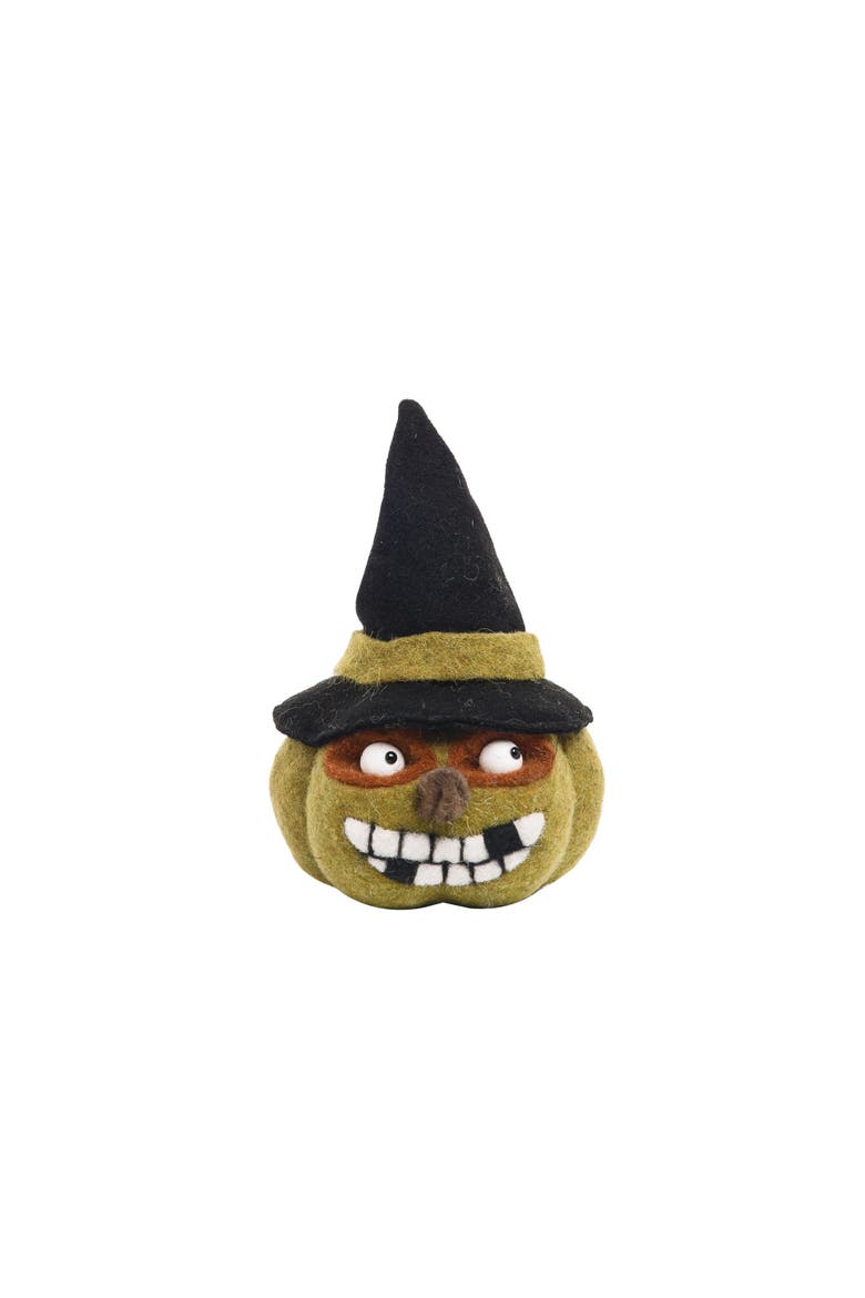 Wooly Ugly Face Jack O' Lantern Pumpkin Halloween Figurine 7" x 10", Main, color, Green