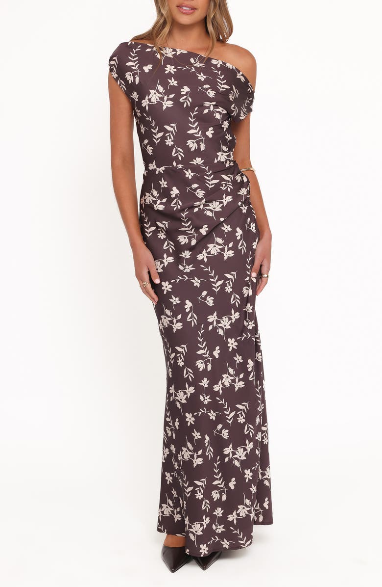 Petal & Pup Zafira Floral One-Shoulder Maxi Dress, Main, color, Brown Cream Floral