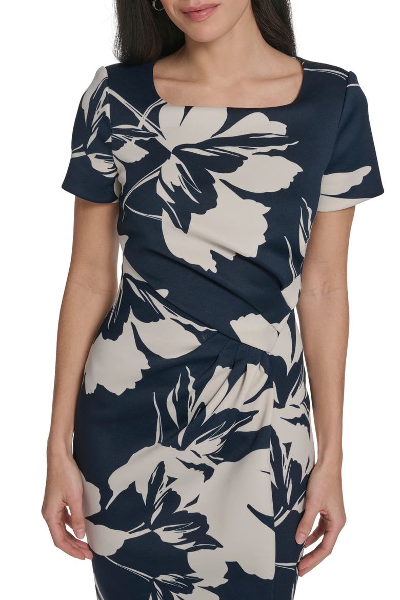 Square Neck Floral Sheath Dress, Alternate, color, INDIGO STONY BEIGE