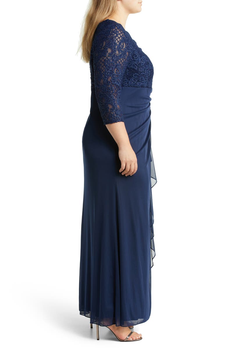 Alex Evenings Beaded Lace Bodice Empire Waist Gown, Alternate, color, Navy