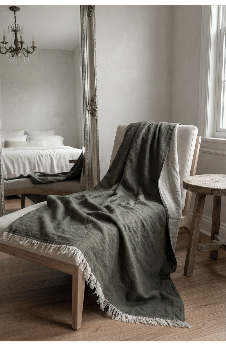 Anaya Reversible Linen Fringe Throw, Alternate, color, Olive Green