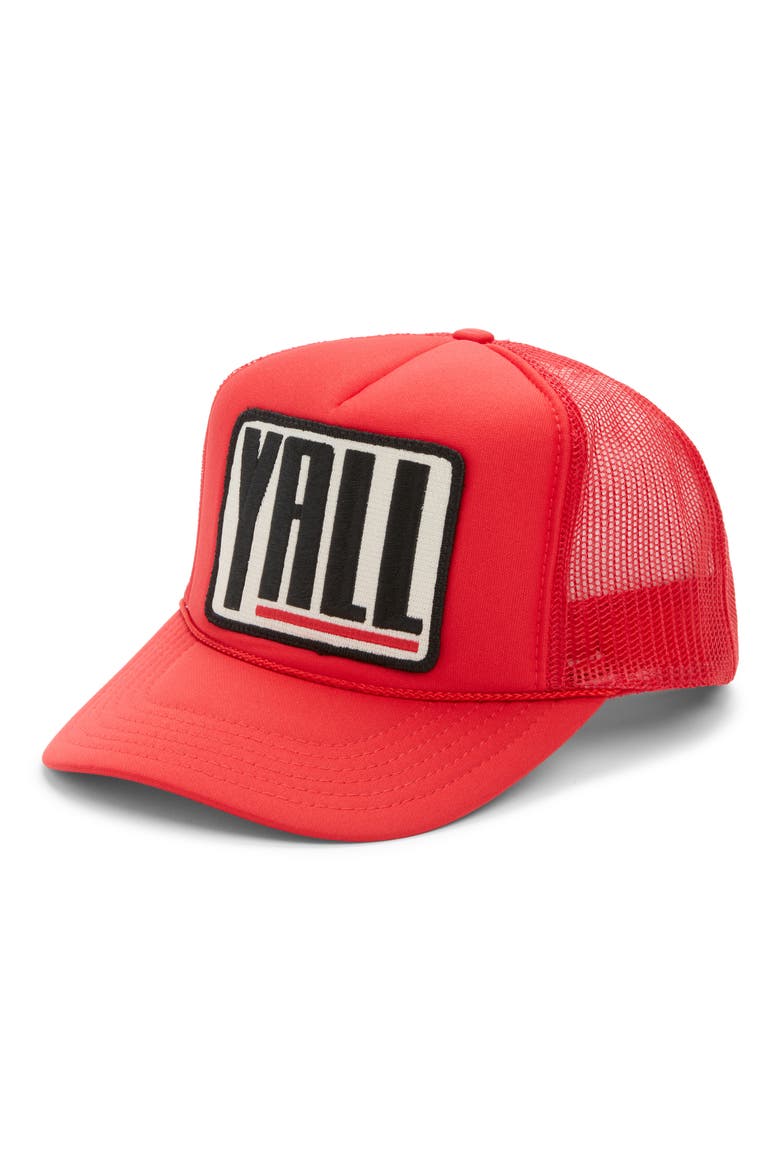 Y'All Patch Trucker Hat, Main, color, RED