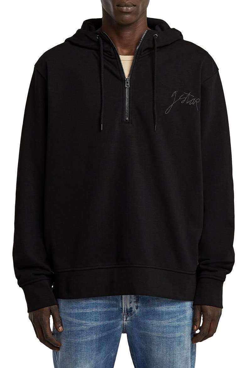 Script Logo Organic Cotton Blend Quarter Zip Hoodie, Main, color, DARK BLACK