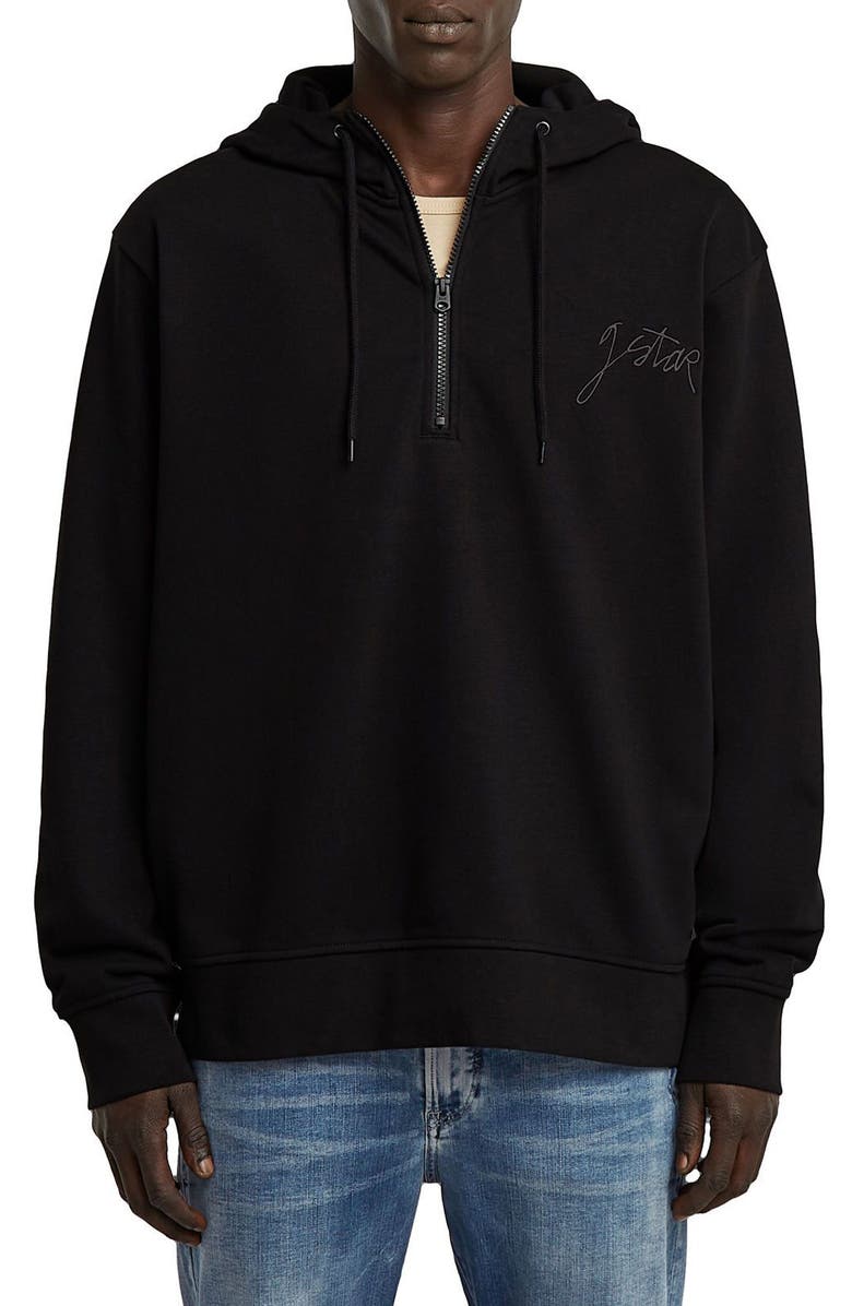 G-STAR Script Logo Organic Cotton Blend Quarter Zip Hoodie, Main, color, Dark Black