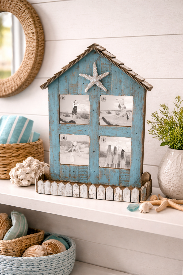Teal Coastal Beach House 3x3 4-Section Wooden Photo Picture Frame, Alternate, color, Blue