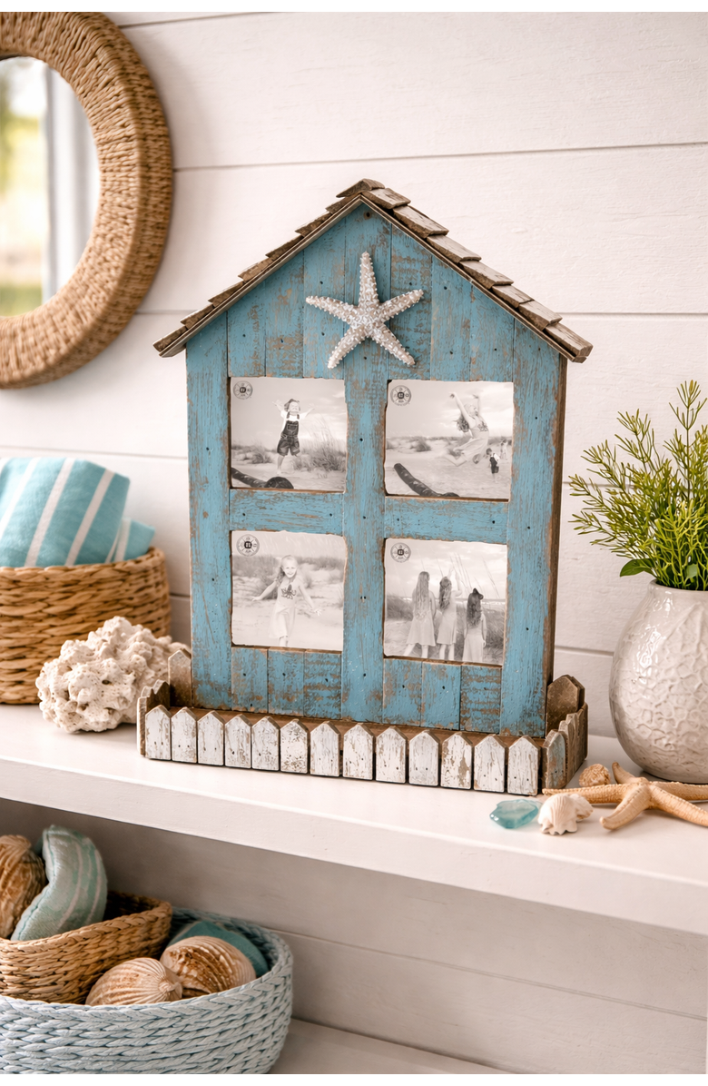 Beachcombers Teal Coastal Beach House 3x3 4-Section Wooden Photo Picture Frame, Alternate, color, Blue