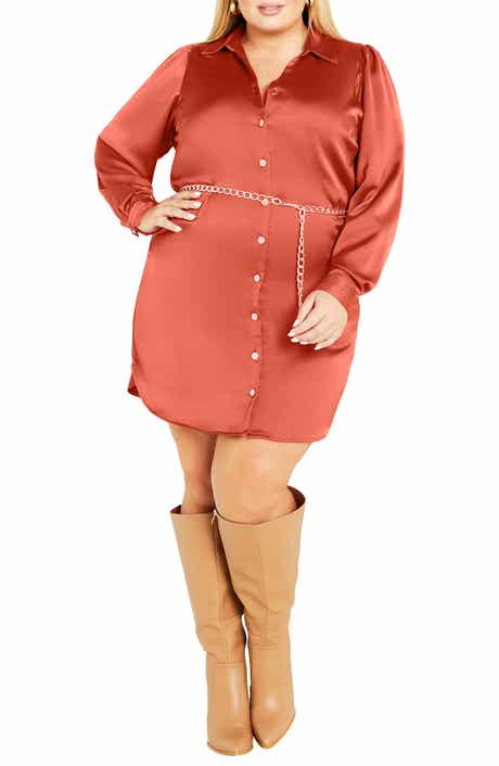 City Chic Faye Belted Long Sleeve Satin Shirtdress