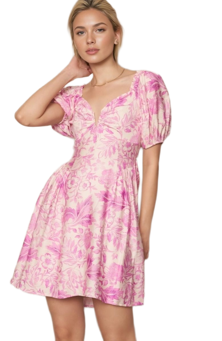 Knit and Lounge Floral Puff Sleeve Sweetheart Neckline Fitted Bodice Mini Dress, Alternate, color, 