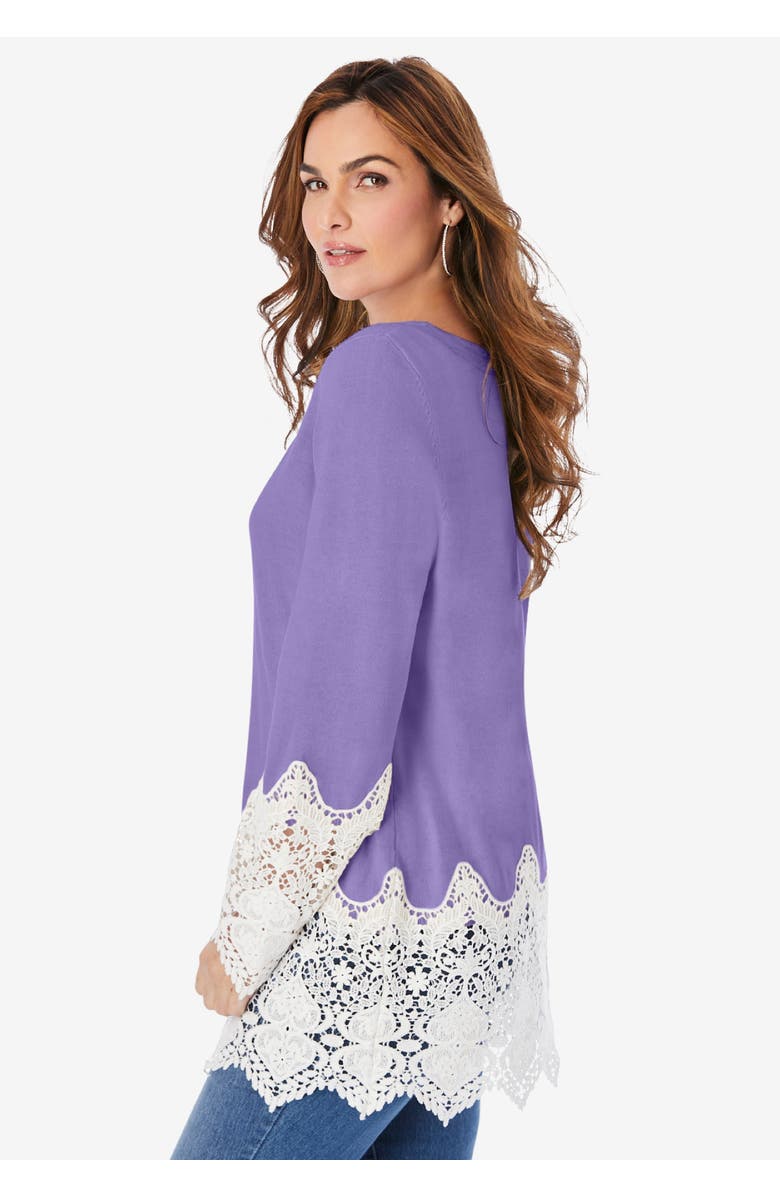 Roaman's Fine Gauge Lace Pullover Sweater, Alternate, color, Black