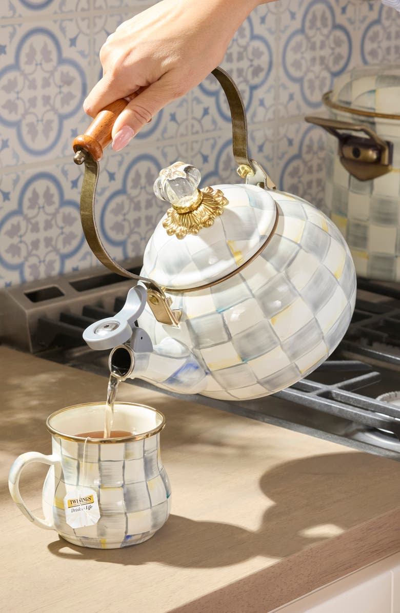MACKENZIE CHILDS Sterling Check<sup>®</sup> Enameled Steel 2-Quart Whistling Tea Kettle, Alternate, color, Grey/White