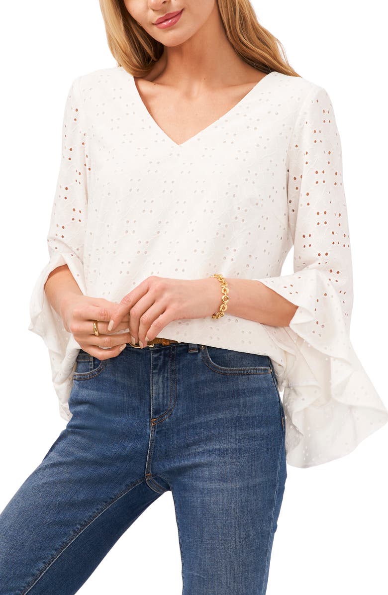 Vince Camuto Bell Sleeve Eyelet Blouse, Main, color,
