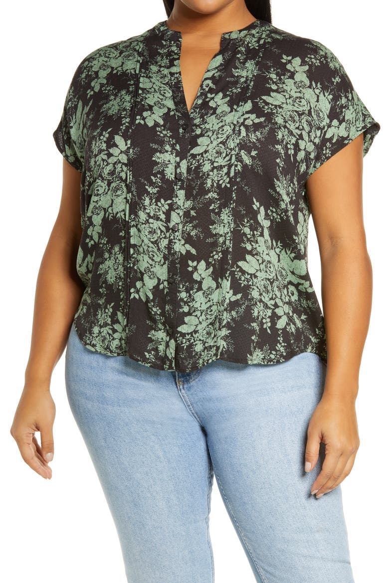 Print V-Neck Top, Main, color, BROWN- GREEN ROSE BROCADE