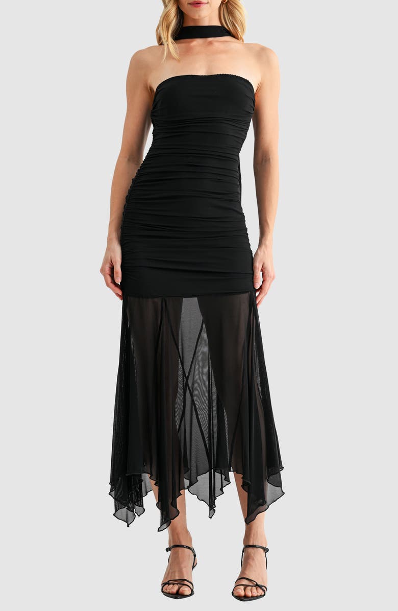 All in Favor Ruched Drop Waist Midi Dress with Scarf, Main, color, Black