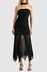 All in Favor Ruched Drop Waist Midi Dress with Scarf