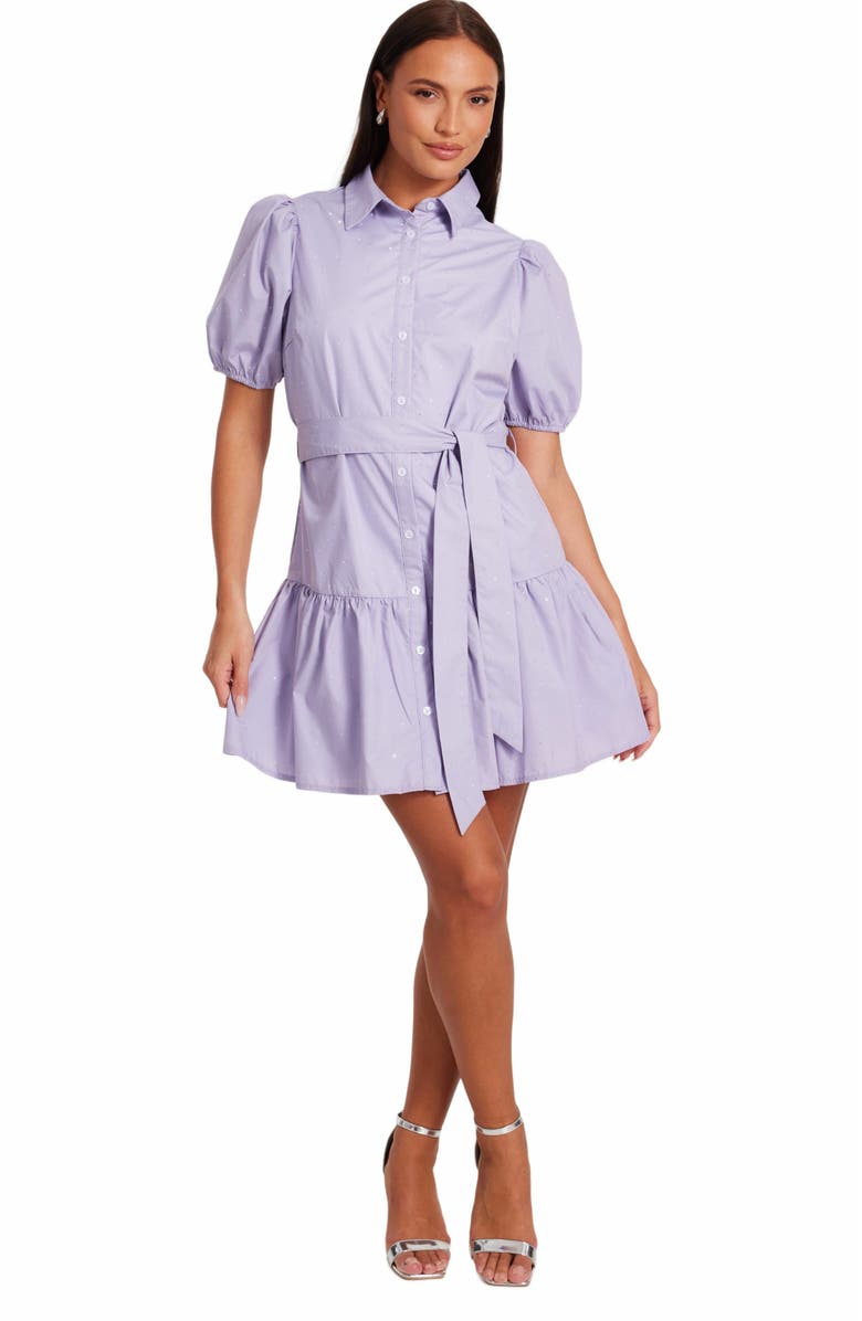 QUIZ Diamante Detail Cotton Shirt Dress, Main, color, Lilac