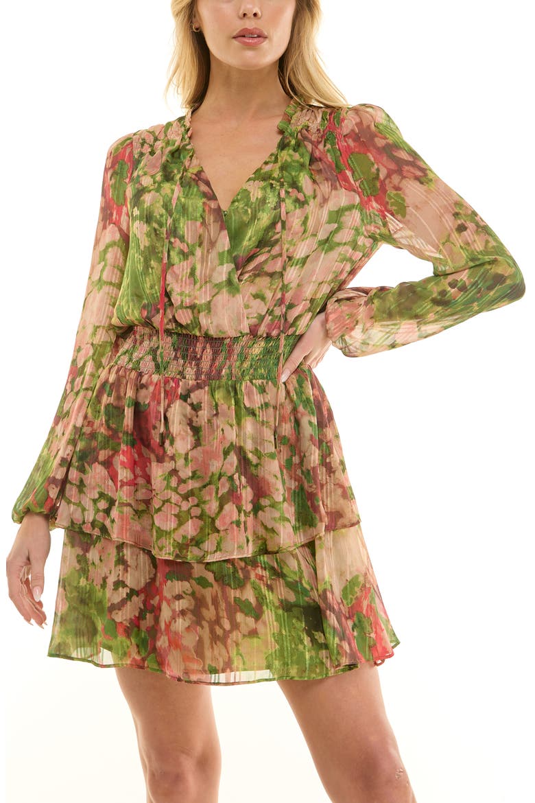 Paisley Smocked Long Sleeve Minidress, Alternate, color, OLIVE/ PINK