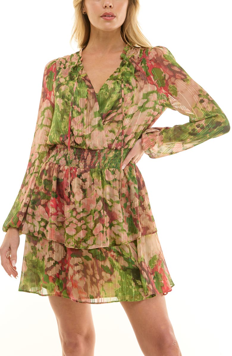 Socialite Paisley Smocked Long Sleeve Minidress, Alternate, color, Olive/ Pink