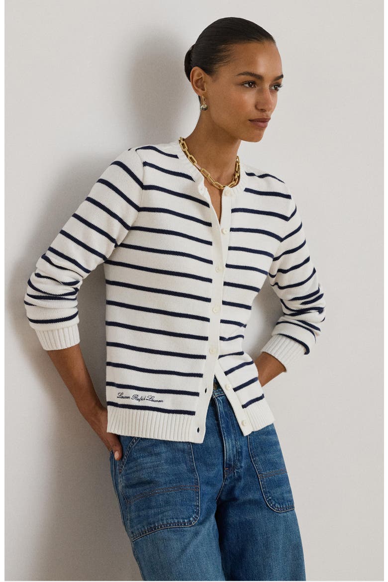 Striped Cotton Cardigan, Alternate, color, WHITE/ REFINED NAVY