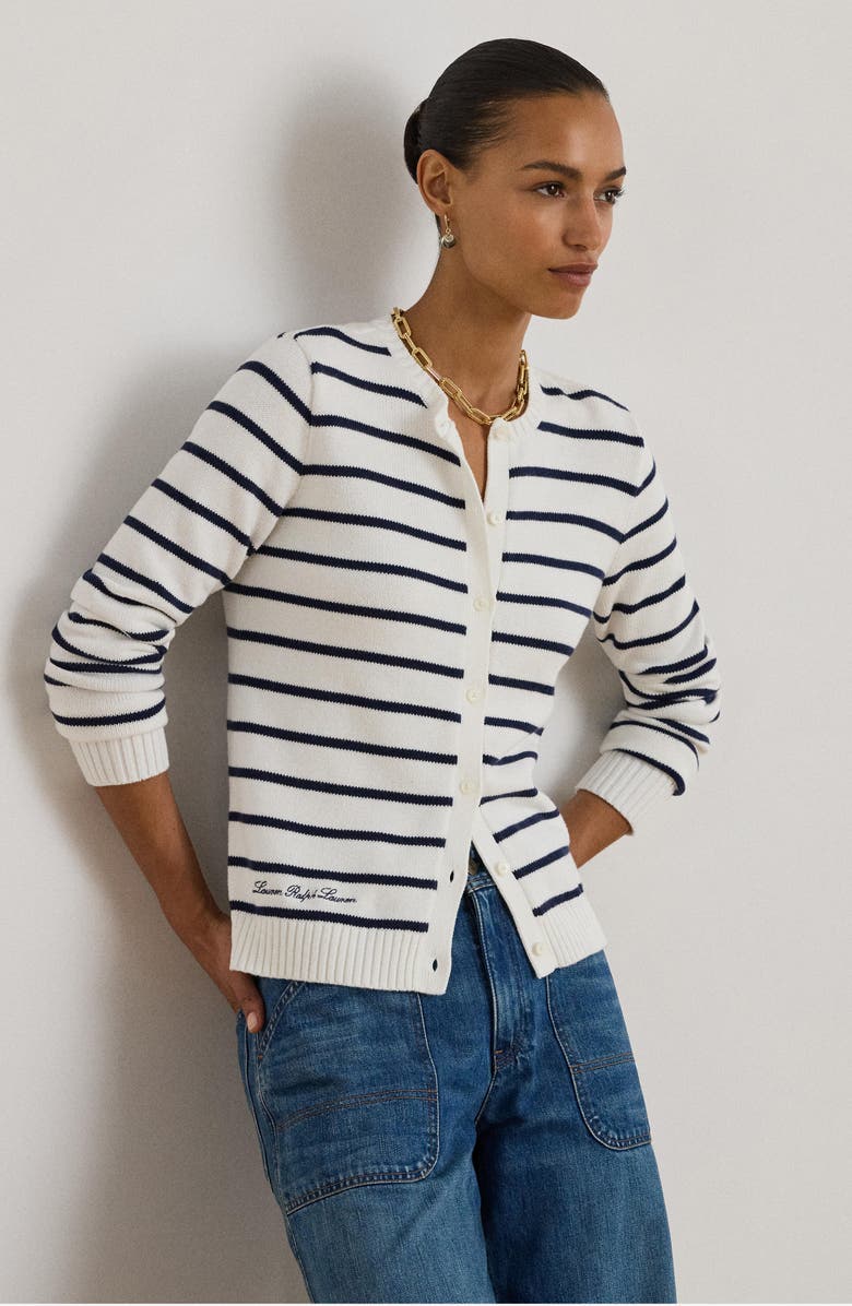 Lauren Ralph Lauren Ralhan Stripe Combed Cotton Cardigan, Alternate, color, White/ Refined Navy