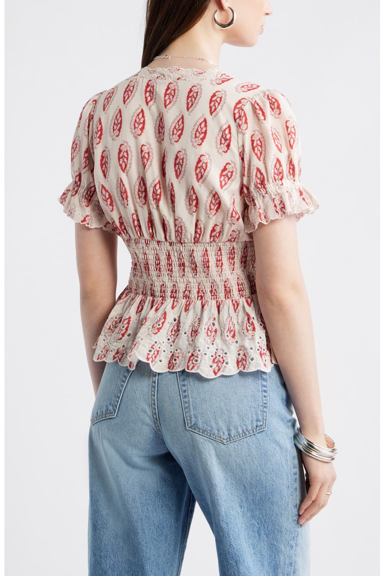 Cutwork Peplum Top, Alternate, color, PINK- RUST FOULARD FLEUR