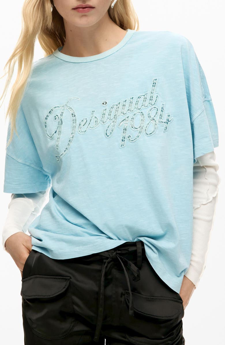 Desigual Logo Eyelet Cotton Graphic T-Shirt, Alternate, color, 
