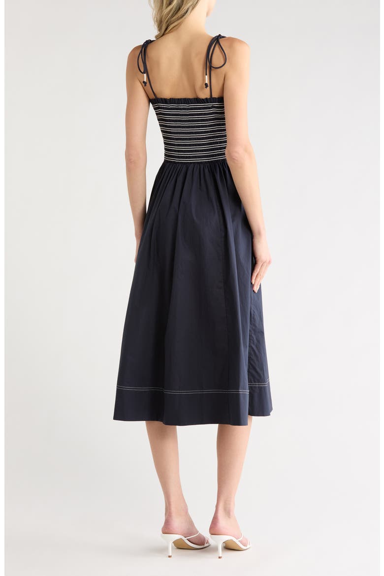Kaela Smocked Tie Strap Midi Dress, Alternate, color, NAVY