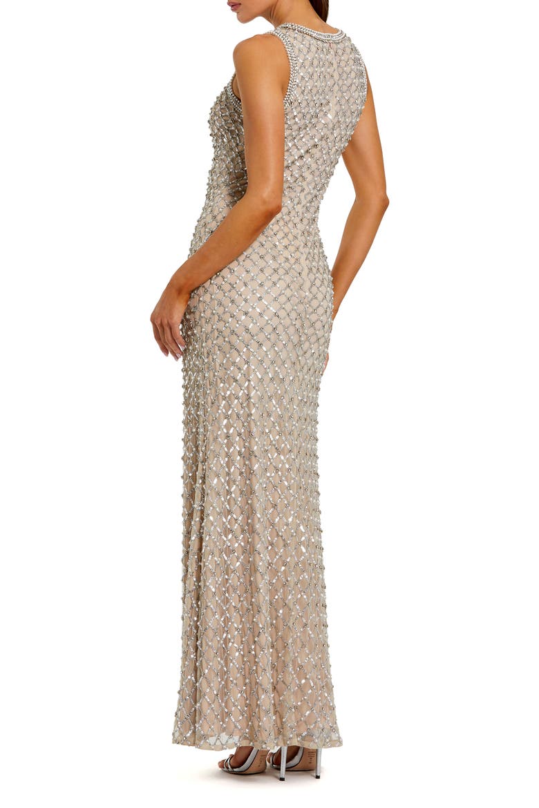 Sequin Mesh High Neck Column Sleeveless Gown, Alternate, color, Silver Nude